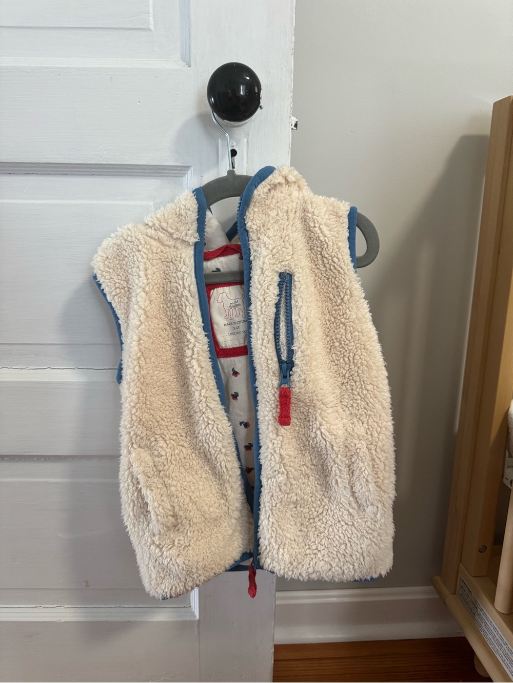 Boden Cream Sherpa Vest with Blue Trim and Red Accents